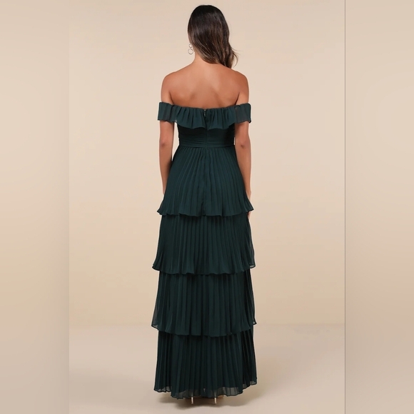 Lulus Always Remarkable Emerald Pleated Off-the-Shoulder Maxi Dress Wedding - Picture 5 of 8